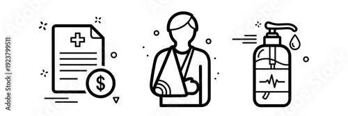 Healthcare insurance icons: medical document, patient with arm in cast, hand sanitizer
