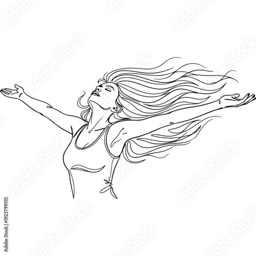 Woman with arms outstretched, hair blowing, celebrating freedom and joy