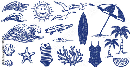 Beach and ocean illustrations including various sea creatures and symbols