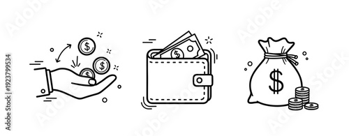 Hand holding money, wallet, and coin bag illustrations