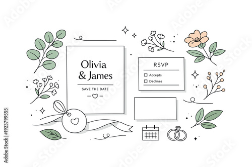 Save the Date wedding invitation design with floral elements and RSVP card