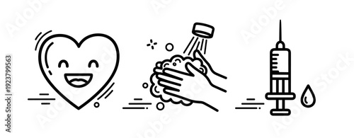 Heart, handwashing, and syringe icons: health and hygiene symbols
