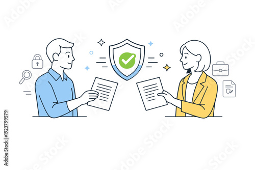 Reliable partnership. People exchanging documents with a small shield or checkmark icon between them. The scene represents transparency,
