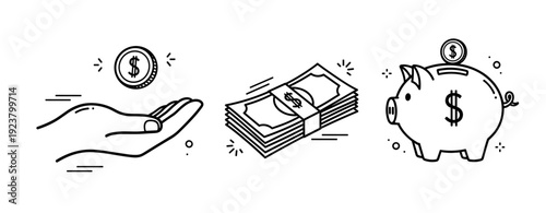 Concept of saving money: hand, cash, piggy bank icons in line art style