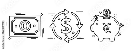 Currency exchange and savings icons in minimalist style