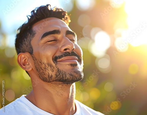 Smiling man with eyes closed basking in warm sunlight against a blurred green, yellow, and brown background