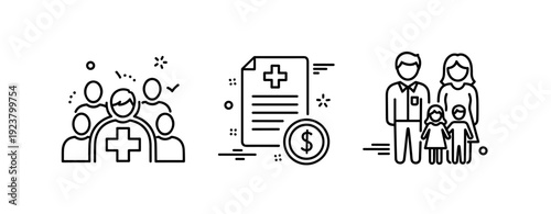 Healthcare icons for insurance, document, and family protection concepts
