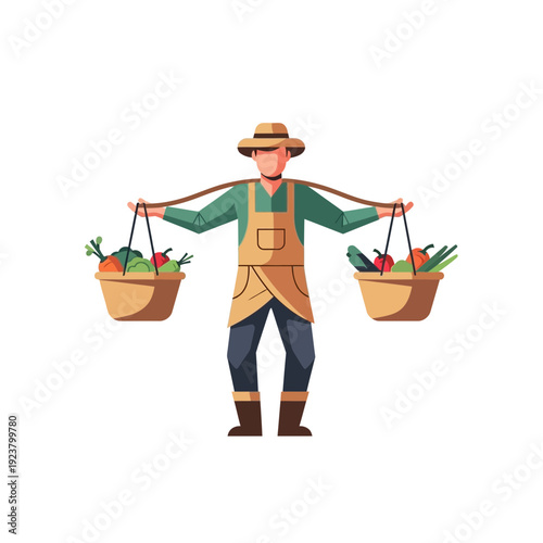 Farmer carrying baskets of fresh vegetables on shoulders