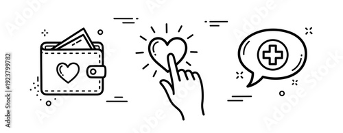 Line art of hand touching heart icon with wallet and healthcare symbols