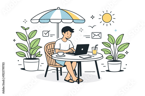 Freelancer work from summer cafes. An outdoor cafe workspace framed by plants and soft sun elements shows a freelancer finishing tasks in a