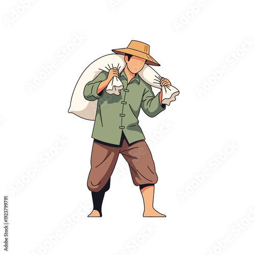 Farmer carrying sack of grain on shoulder, traditional asian farmer illustration