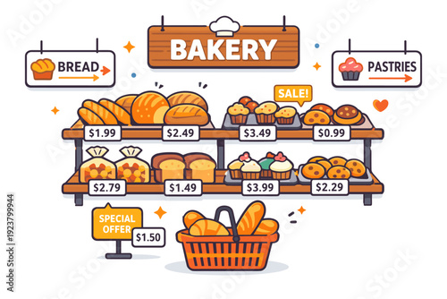 Bakery section highlighting supermarket navigation and product selection. A clear editorial scene with shelf signs, price tags and neatly arranged baked items