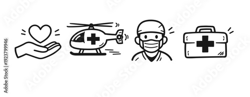 Healthcare icons: hand, helicopter, doctor, first aid kit in black and white illustration