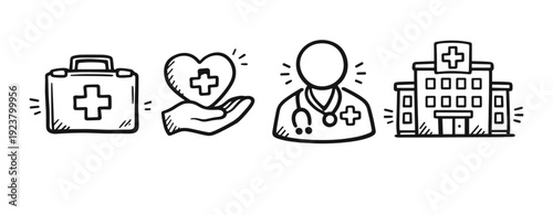 Simple medical line icons: doctor, hospital, first aid kit, heart