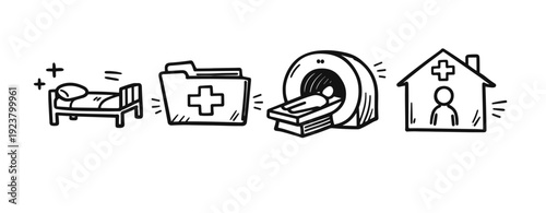Healthcare icons: hospital bed, medical records, mri scanner, healthcare facilities