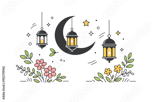Ramadan spring backgrounds. Crescent moon and lanterns softly floating among spring flowers and leaves, calm evening atmosphere combining spiritual reflection