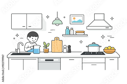 Modern decluttered kitchens. Bright minimalist kitchen with clean countertops, only a few essential items neatly arranged. Calm spacious