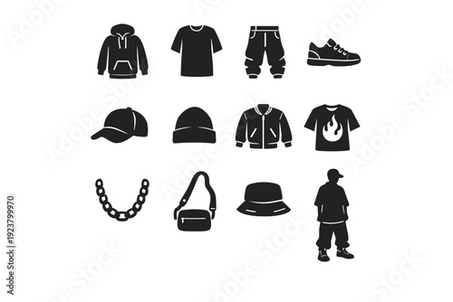 Streetwear fashion and urban style. Solid icon set of Streetwear fashion and urban style: hoodie, oversized t-shirt, baggy pants, sneakers, baseball cap,