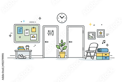 Quiet community center moment. A hallway or multi-use room with bulletin board, closed doors, and no people visible. Stillness with signs of