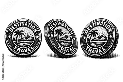 Destination travel badge seal illustrated as a single graphic object shown in straight-on view, rotated view, and three-quarter perspective