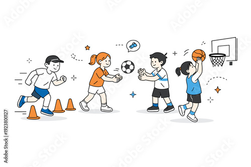Youth sports training sessions. An action drill scene with children practicing basic movements like running, passing, or shooting, motion