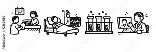 Healthcare icons: doctor consultations, patient care, laboratory tests, online diagnosis