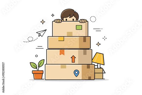 People partially hidden by objects. A person standing behind a stack of moving boxes, only head and hands visible. Transition moment and subtle sense of