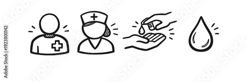 Healthcare icons: medical staff, hand sanitizer, hygiene drop symbols