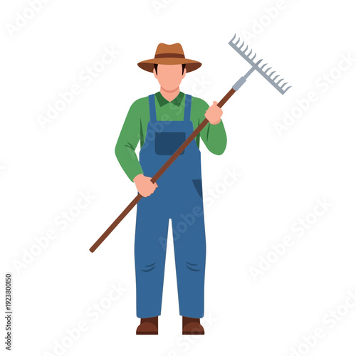 Farmer in overalls holding a rake, isolated on white background, illustration