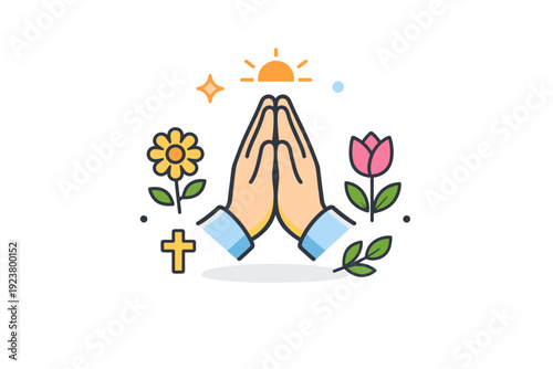 Spring church celebration serene spiritual concept showing praying hands with subtle floral accents, conveying gratitude, reflection, and the