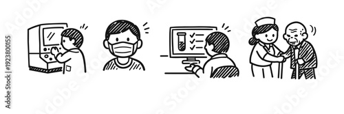 Healthcare scene: patient testing, masked male, screen reading, nurse assisting elderly male