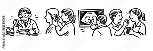 Medical advances: child scientist, hearing test, ultrasound exam, patient discussion