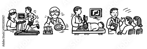 Medical checkup procedures illustrated: treadmill test, lab analysis, ultrasound, consultation