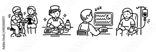 Healthcare workers caring for patients in various medical scenarios