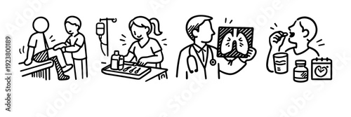 Healthcare illustrations: medical consultation, nursing care, treatment, and medication