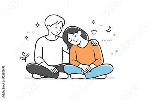 Calm Connection. Emotional support concept. One person offers quiet presence while another feels relaxed and grounded, with gentle visual cues of connection