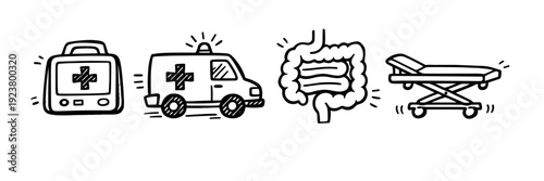 Medical icons: first aid kit, ambulance, intestines, stretcher illustrations