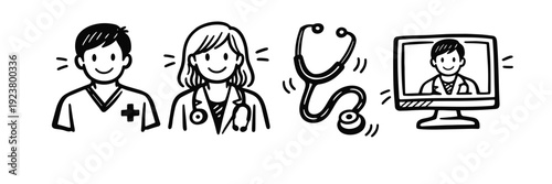 Healthcare professionals and telemedicine: doctor, nurse, stethoscope, and virtual consultation