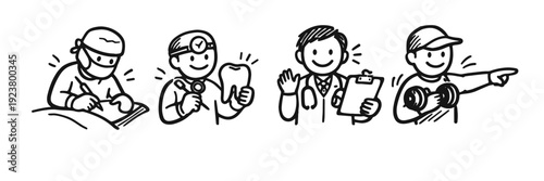 Cheerful professionals: surgeon, dentist, doctor, fitness trainer