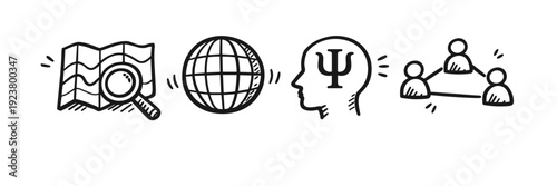 Icons representing map, globe, psychology, and networking concepts in black and white design