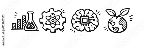 Science icons: chemistry, engineering, ai, environment in simple black and white