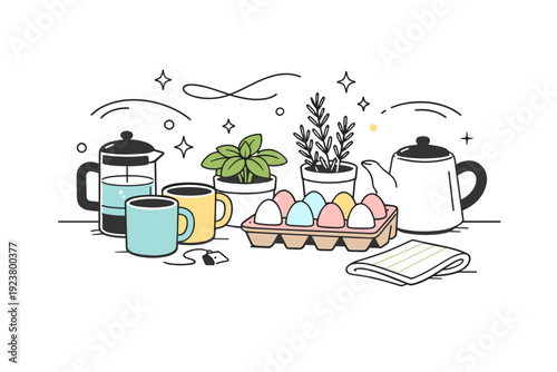 Kitchen corner Easter calm. A small kitchen setup with tea mugs, fresh herbs, and egg carton with pastel colors in soft natural light, abstract floating lines
