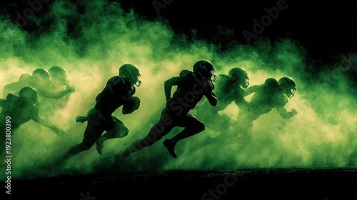 Dynamic football players sprinting through a smoky green haze on a night field, showcasing athleticism