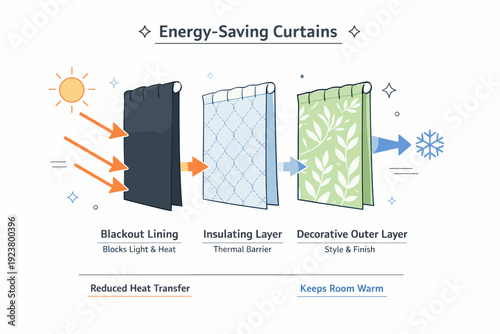 Energy-saving curtains. Diagram showing thermal curtain layers including blackout lining, insulating fabric, and outer decor layer. Visual