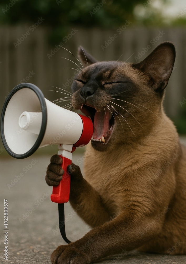 Fototapeta premium Cat shouting through megaphone.