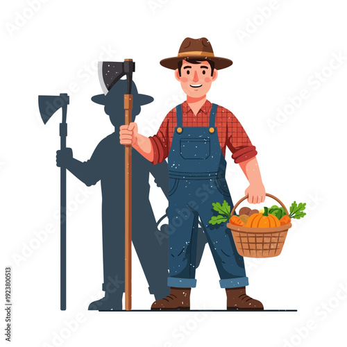Happy Farmer with Harvest Basket and Tools