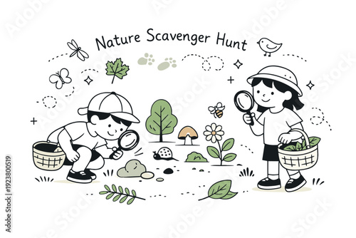 Nature scavenger hunt illustration. Children exploring a forest with magnifying glasses and baskets, observing leaves, flowers, and rocks, calm and playful
