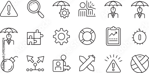 Set of thin line business icons representing various concepts like risk management and problemsolving strategies