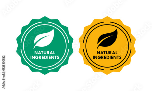Circular green natural ingredients logo featuring a leaf icon, perfect for organic products, eco-friendly branding, and healthy food labels. Vector isolated on white.
