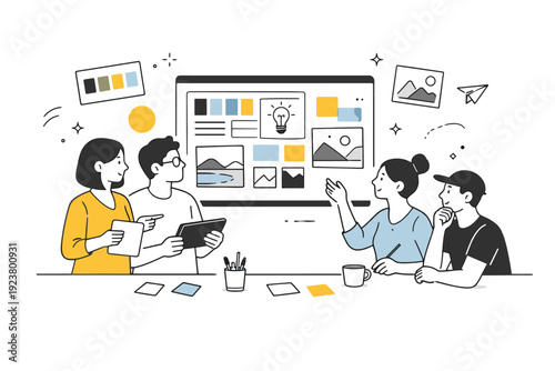 Creative agency moodboard reviews. Design team gathered around a digital board, calmly reviewing color palettes and visual references together. Focused